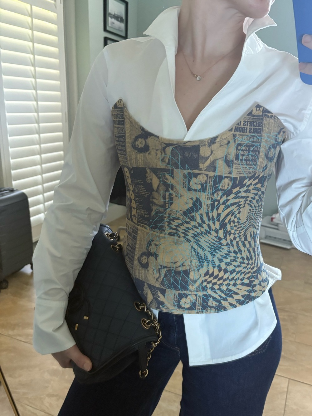 Miaou Leia Corset Beige and Black Newspaper Print.
